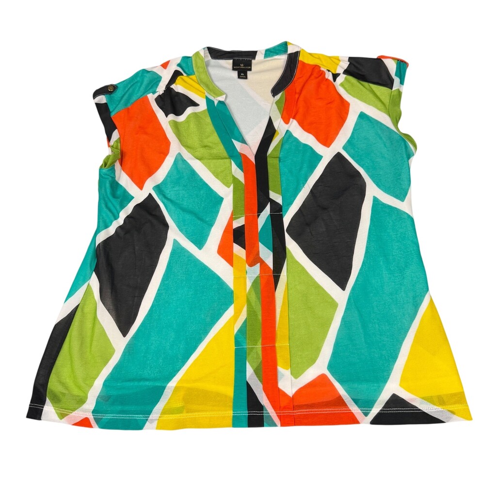 Worthington Womens XL Sleeveless Blouse Turquoise Geometric V-Neck Knit Vibrant